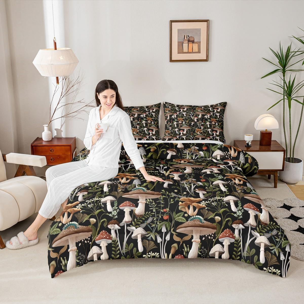 71c8mS1FnL._AC_SL1200_.jpg Castle Fairy Mushroom Comforter Set King Size Red Strawberry Trippy Mushrooms Bedding for Girls Boys Kids Room Decor Jungle Rustic Wild Plants Palm Leaves Soft Chic Quilted Duvet with 2 Pillowcases