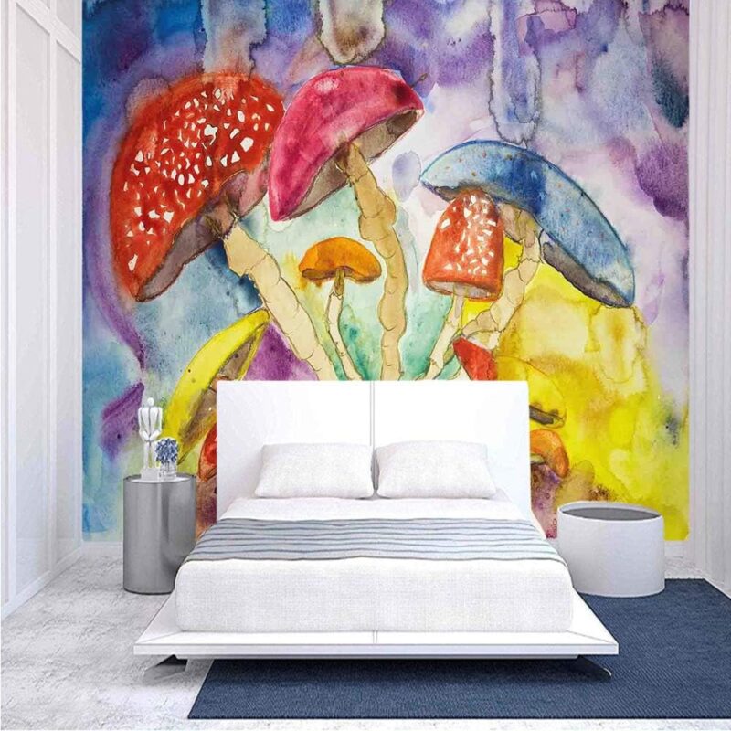 96x69 inches Wall Mural,Watercolor Style Mushrooms with Dreamy Grungy Style Artistic Enchanted Forest Theme Peel and Stick Self-Adhesive Wallpaper Removable Large Wall Sticker Wall Decor for Home Offi