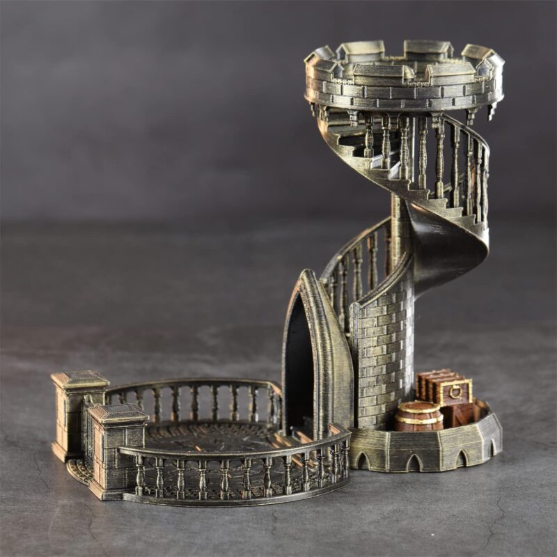 AUSPDICE DND Dice Tower Castle and Tray Retro Dice Rolling Tower for Dungeons and Dragons RPG Tabletop Games (Brushed Brass Color)