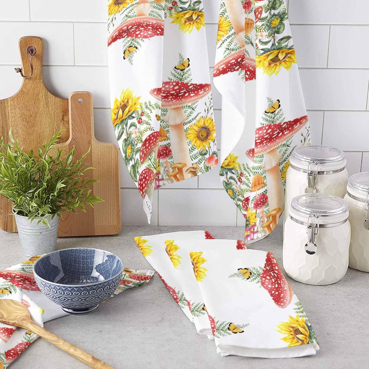 71eVNj39Y8L._AC_SL1500_.jpg Red Mushroom Kitchen Towels 18"x28" Absorbent Cleaning Cloths for Drying Dish,Kitchen Rags Soft Terry Hand Tower Washable Dish Towel Dish Dishcloths Sunflower Spring Summer Herbs Simple White 4 PCS - Image 3