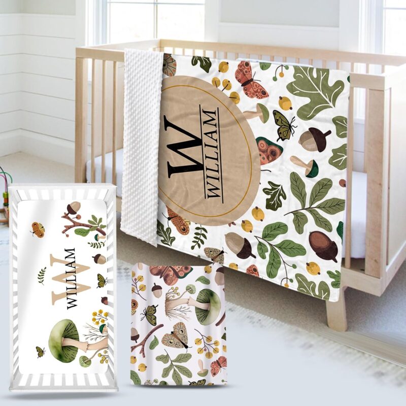 Custom Name Crib Bedding Set 3-Piece – Mushroom Design Baby Bedding Set with Personalized Soft Blanket, Fitted Sheet, Changing Pad Cover – Ideal Newborn Gift for Boys and Girls