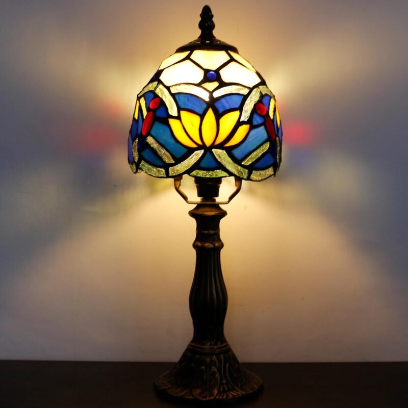 Small Tiffany Lamp Mini Accent Table Lamp Blue Yellow Lotus Style Stained Glass Desk Memory Lamp Sympathy 6X14.6 Inch