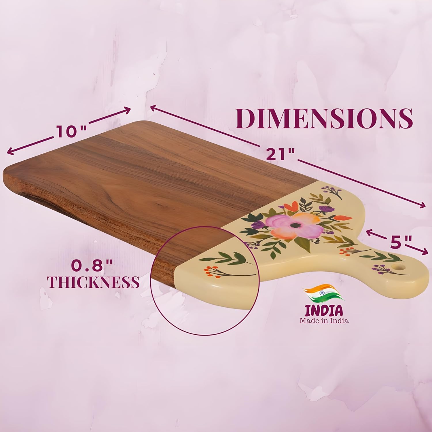 71fjC3YBhCL._AC_SL1500_.jpg Acacia Wood Cutting Board for Kitchen – Large Wooden Decorative Hand Painted for Charcuterie Chopping Cheese bread and meat - With Handle (21 x 10 x 0.8 in) (Pink) - Image 5