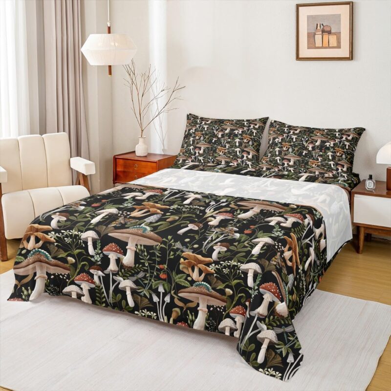 Mushroom Bed Sheet Set Queen Size Red Strawberry Trippy Mushrooms Bedding Set for Kids Bedroom Jungle Rustic Wild Plants Palm Leaves Bedding (1 Fitted,1 Flat,2 Pillowcases) Microfiber Fitted Sheet