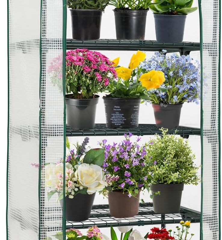 EAGLE PEAK Mini Greenhouse with Wire Shelves, Portable Indoor & Outdoor Green House with Roll-Up Zipper Door, 4 Tier, 27.2"x19.3"x64.2", Clear/White PE Cover