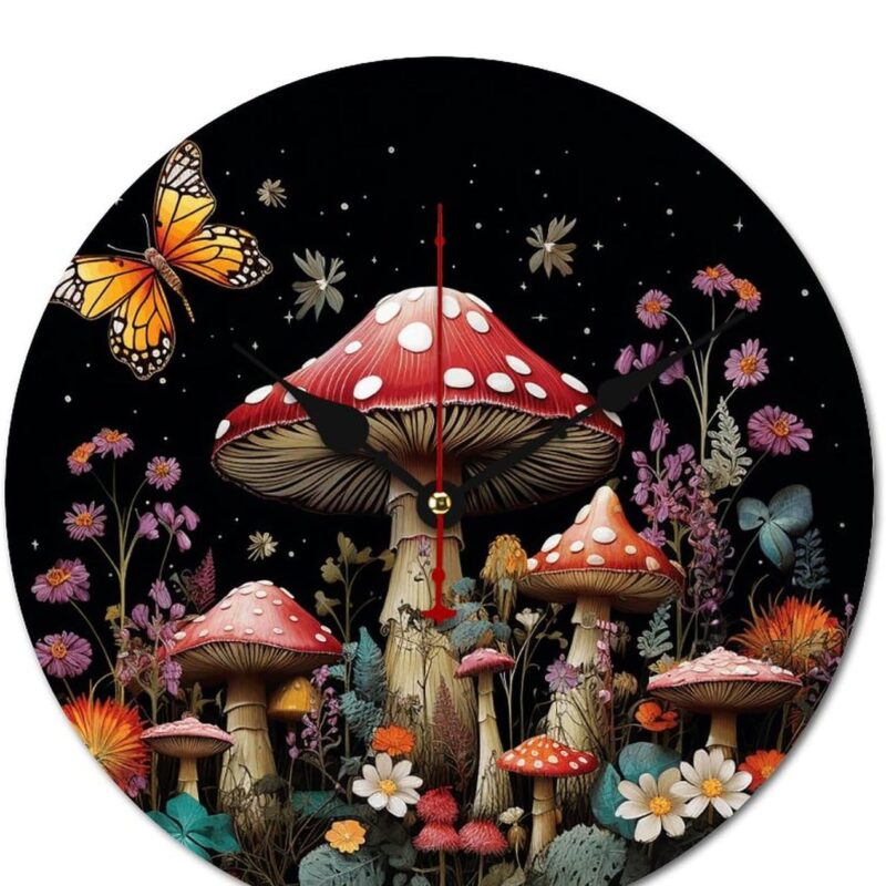 Decorative Round Wooden Wall Clock Mushrooms and Butterflies on Black Background Modern Frameless No Scale Clock Non Ticking Clock Time Clocks for Home Bedroom Office Living Room 15.7 Inches
