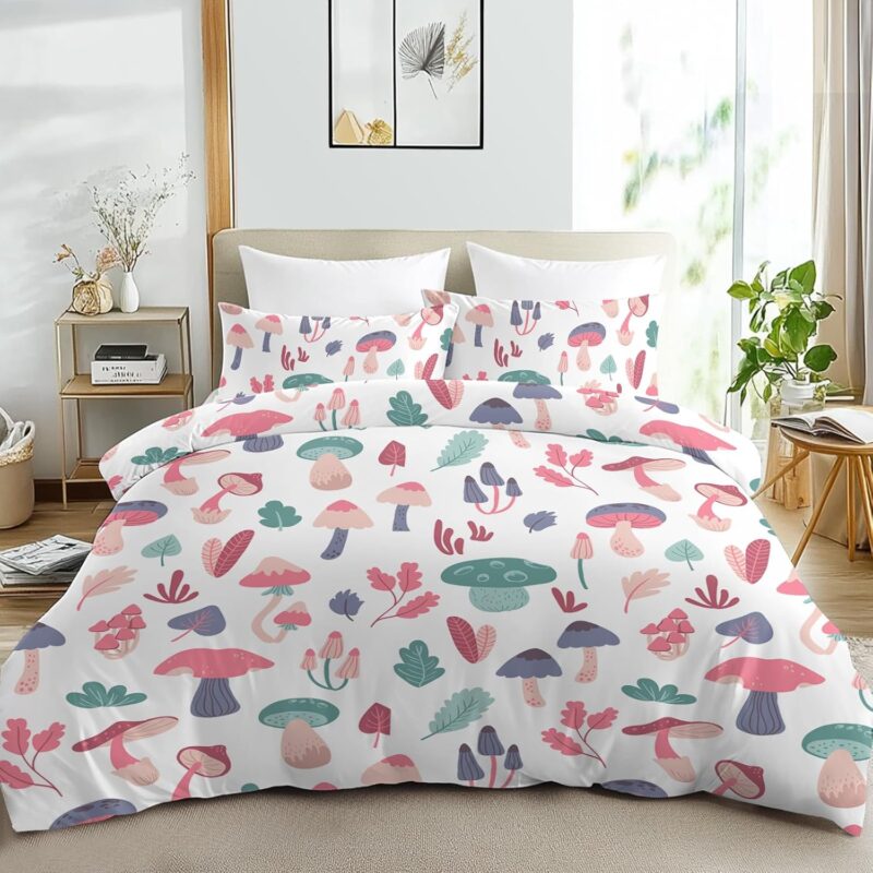 SOULZZZ Purple Mushroom Duvet Cover Set - Queen Plant Bedding w/ 2 Pillow Cases - Perfect for Girls & Women - Autumn Leaves, Farmhouse Mushroom Decor
