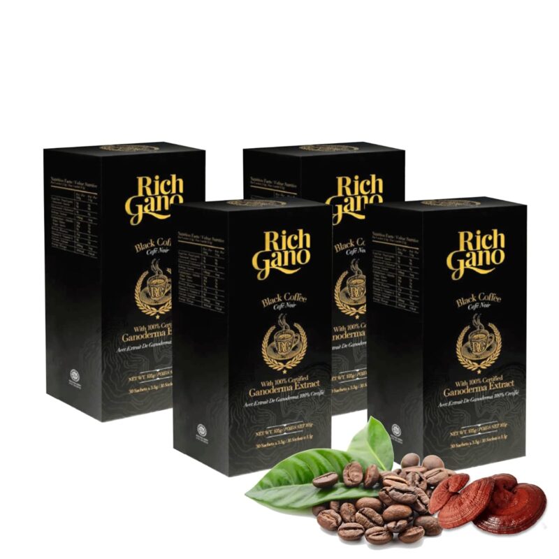Rich Gano Reishi Mushroom Coffee – (4 Boxes of 30 Sachets) Black Coffee with Ganoderma Extract – All Natural Vegan Friendly Instant Coffee Packets – Zero Jitters Energize Ganoderma