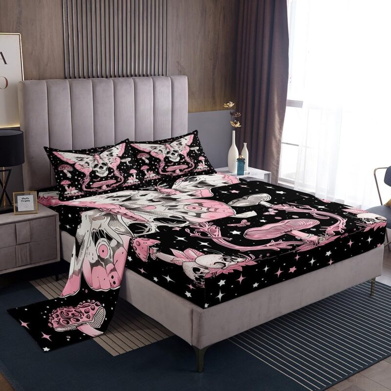 Feelyou Halloween Bed Sheets Set King Size Butterfly Sheet Set for Kids Boys Decor Goth Sugar Skull Cute Mushroom Decor Vintage Halloween Decor Sheets with Deep Pocket Fitted Sheet Glitter Bedding Set