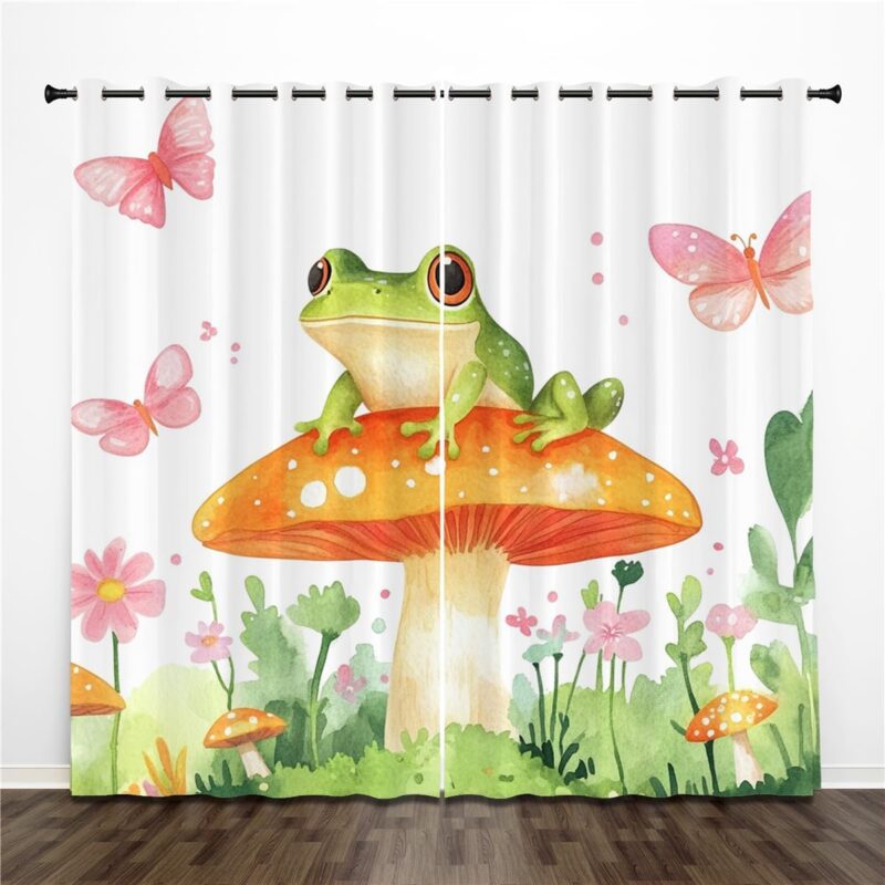 Mushroom Blackout Curtains 2 Panels-52 x84 Each, Green Frog Sitting on A Mushroom with Pink Butterflies Window Curtains, Fungi Theme Grommet Window Drapes for Living Room Bedroom