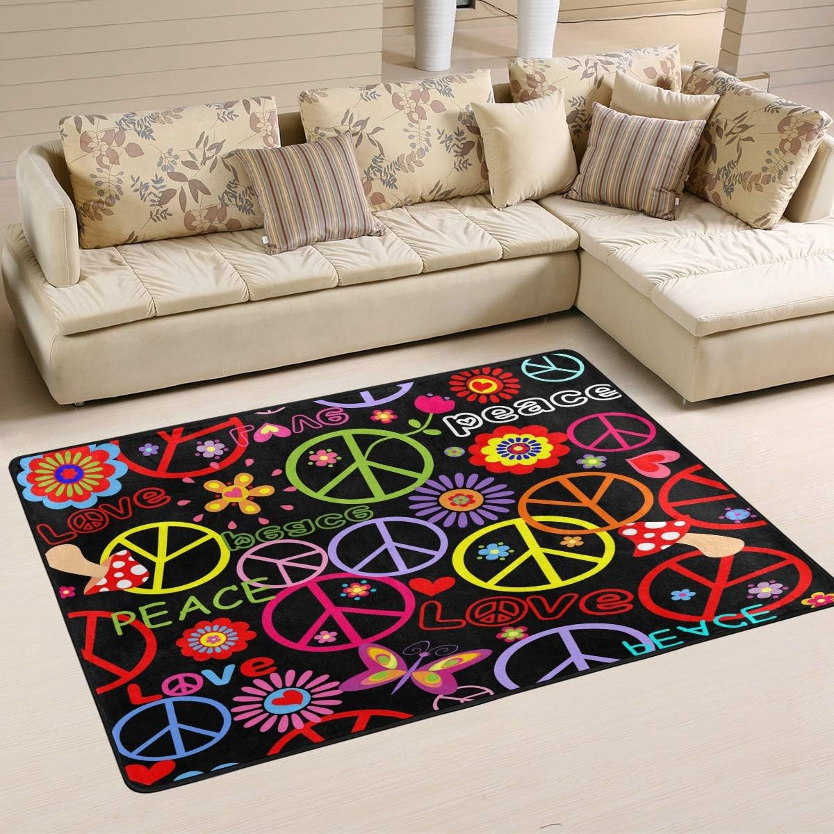 71i1f0cwmnL._AC_SL1200_.jpg ALAZA Hippie Peace Sign Mushroom Butterfly Flower Area Rug for Living Room Bedroom 6'x4'