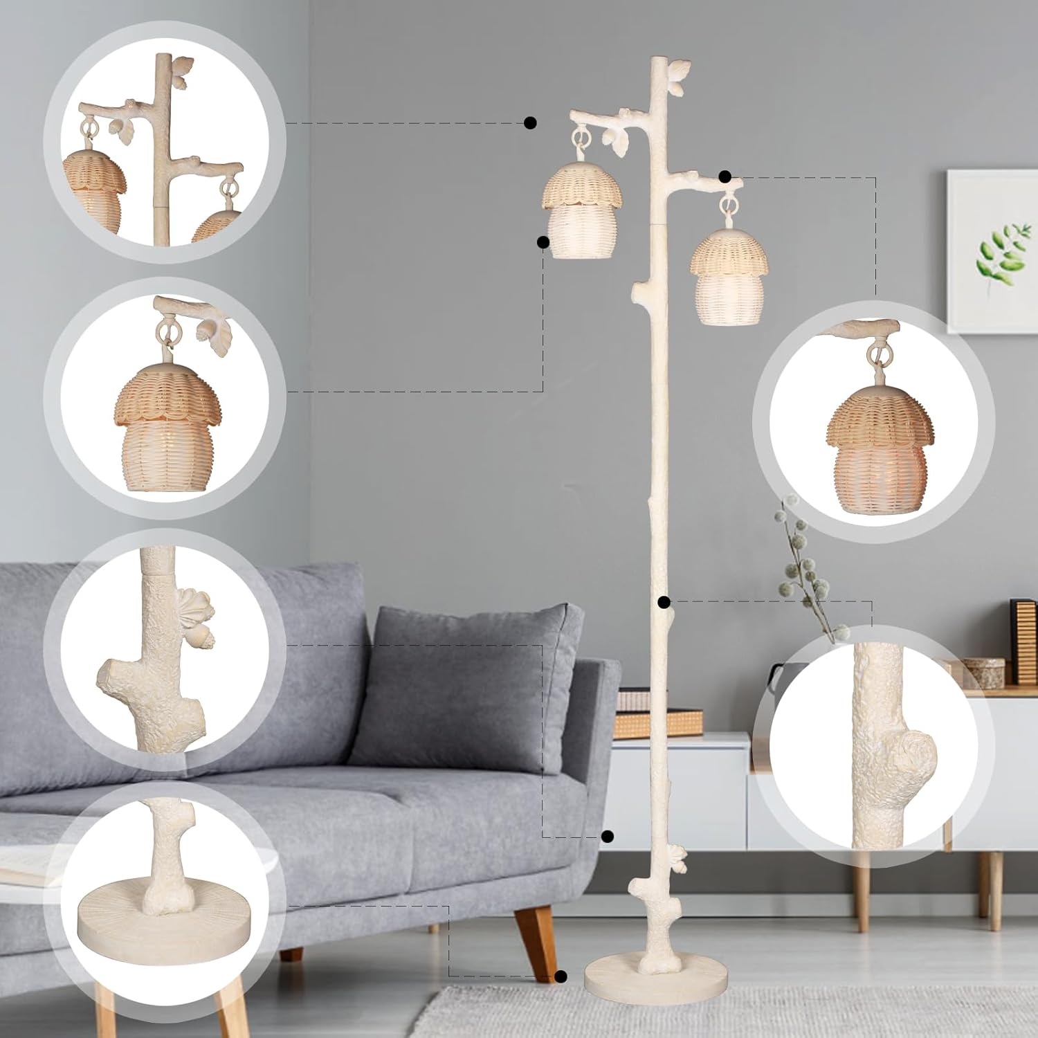 71i6aKZiZCL._AC_SL1500_.jpg Rattan Floor Lamp with Faux Wood Finish, Boho Floor Lamps with Faux Pinecone and Leaves Decor, Beige - Image 2