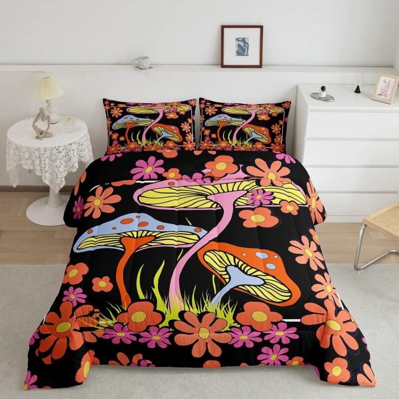 Groovy Flower Comforter Set for Girls Boys Retro Floral Boho Mushroom Comforter 70S Hippie Flowers Bedding Set Room Decor Psychedelic Duvet Set King Size Quilt 3Pcs Boys