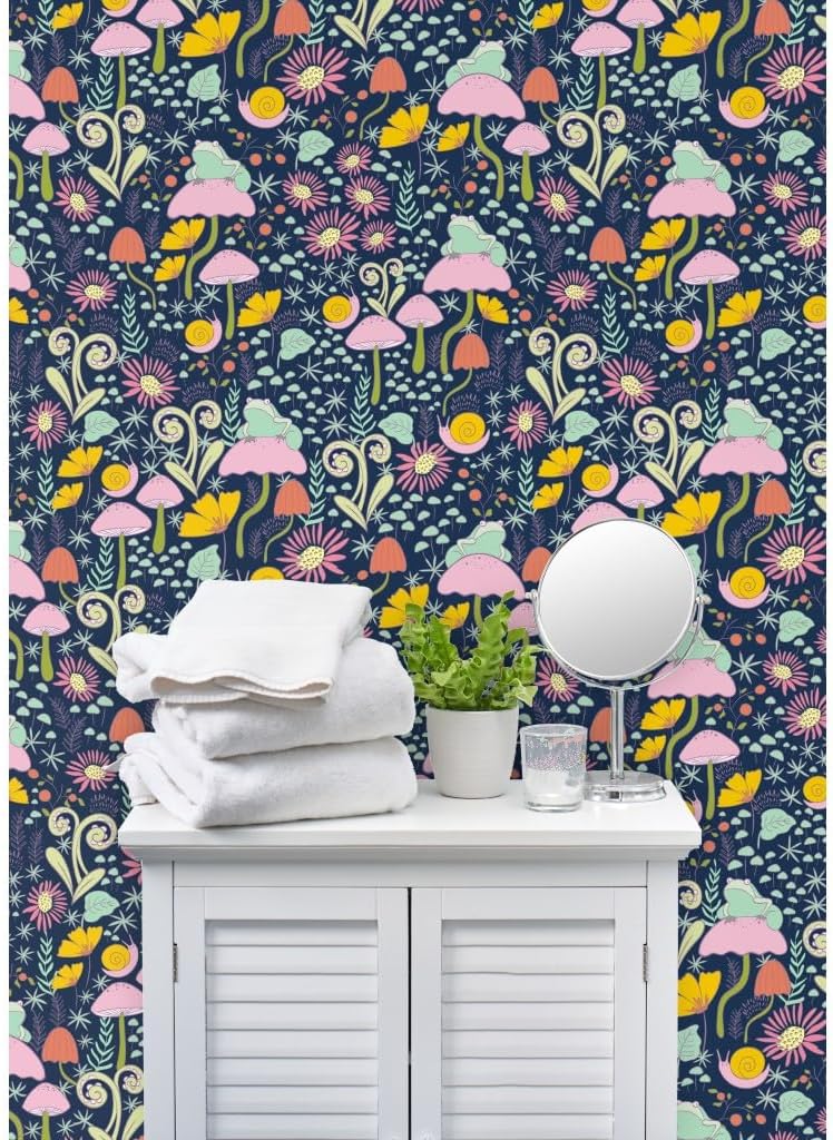 71jrxqaXPfL._AC_SL1024_.jpg Commercial Grade Wallpaper 27ft x 2ft - Whimsical Forest Blue Snails Frogs Mushrooms Small Scale Traditional Wallpaper by Spoonflower - Image 8
