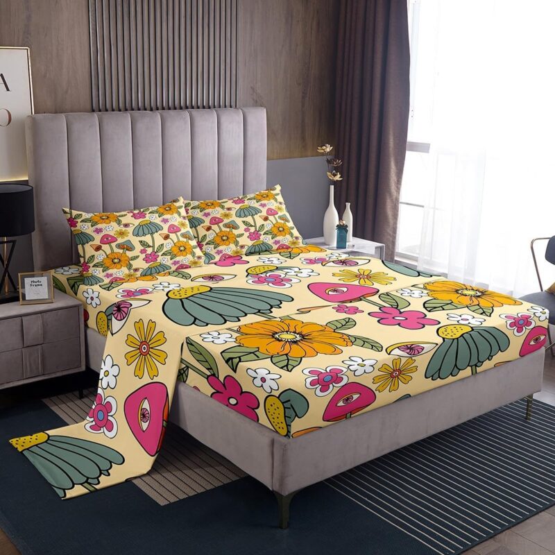 Castle Fairy 70s Retro Floral Bed Sheets Queen Size,Hippie Flowers Leaves Quality Brushed Microfiber Luxury Bed Sheet with Flat,Cartoon Eyes Mushroom Fitted Sheet, Queen Size with 2 Pillowcases