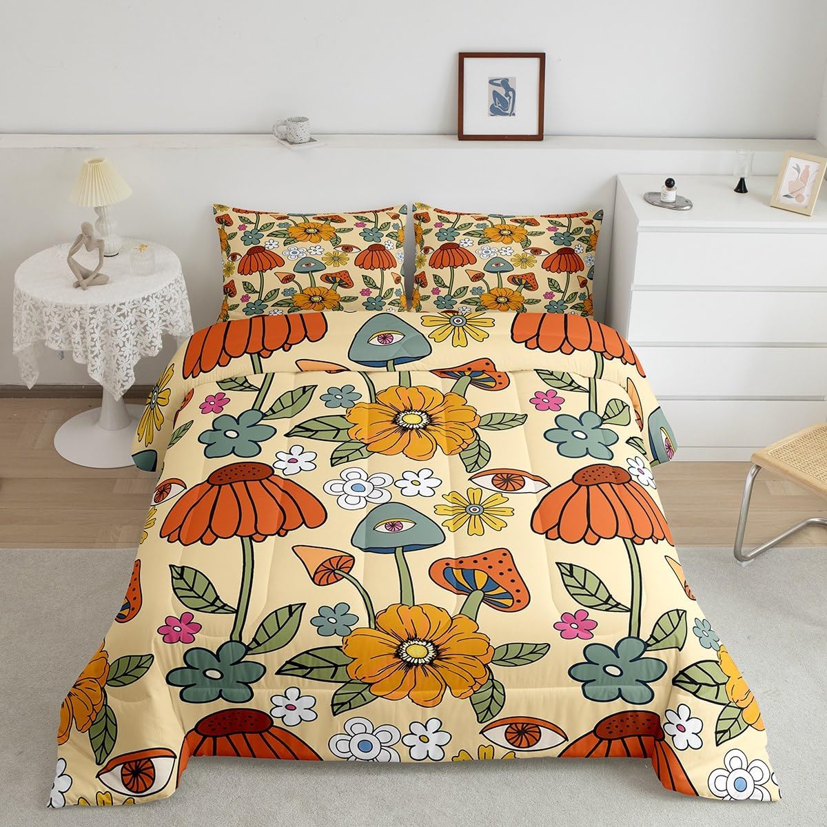 71kCso9MqbL._AC_SL1200_.jpg Castle Fairy Retro Flowers Bedding Comforters Queen Size,70s Floral Mushroom Comforter Set with 2 Pillowcases,Art Hippie Plant Eye Print 3pcs Children Adult Duvet Set,Soft