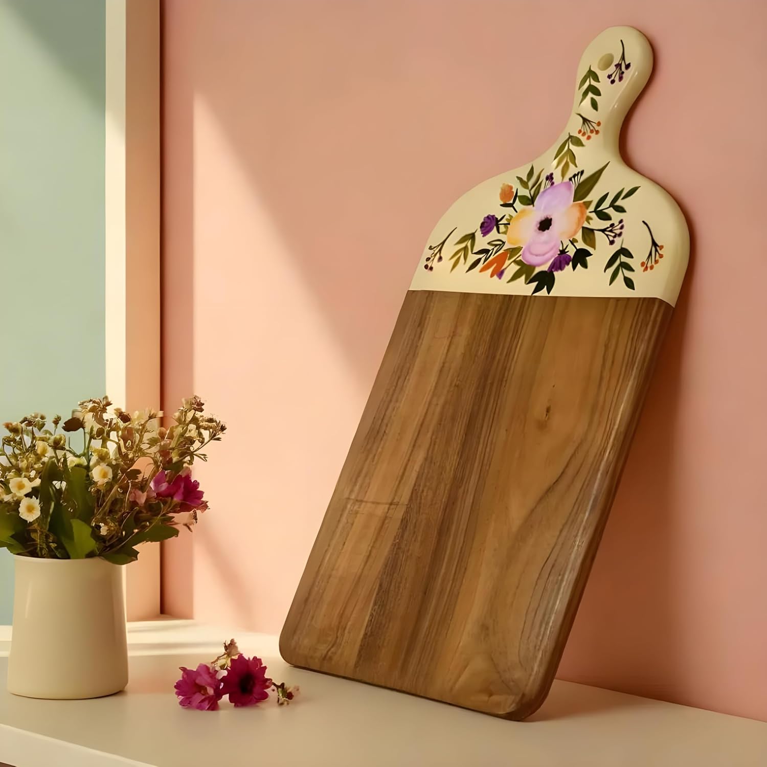 71kPIJfLqSL._AC_SL1500_.jpg Acacia Wood Cutting Board for Kitchen – Large Wooden Decorative Hand Painted for Charcuterie Chopping Cheese bread and meat - With Handle (21 x 10 x 0.8 in) (Pink) - Image 8