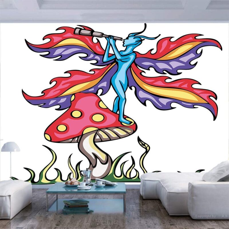 77x55 inches Wall Mural,Fairy Elf on Agaric Mushroom with Monocular Tube Colorful Artistic Wings Mythical Decorative Peel and Stick Self-Adhesive Wallpaper Removable Large Wall Sticker Wall Decor for