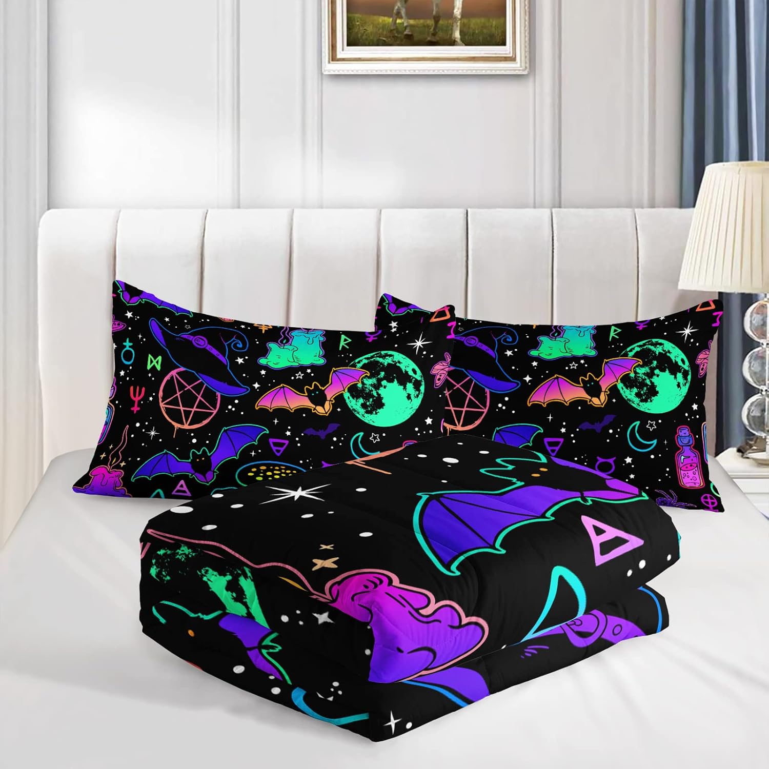 71krDl2bQL._AC_SL1500_.jpg Axolotl Halloween Bedding Set Twin Size,Star Moon Print Bedding Set Mushroom Decor Comforter Set Trick Or Treat,Bat Comforter Set Witchy Elements for Boys Girls Teens,1 Quilt 2 Pillowcases,Black - Image 4