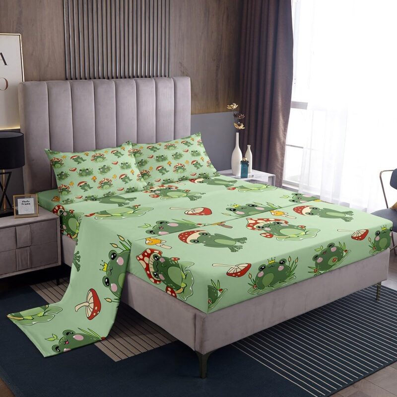 Feelyou Kids Cute Mushroom Frog Sheet Set King Size Animals Bed Sheets Set for Boys Girls Teens Bedroom Decor Kawaii Fungus Sheets with Deep Pocket Fitted Sheet Women Men Green with 2 Pillow Case