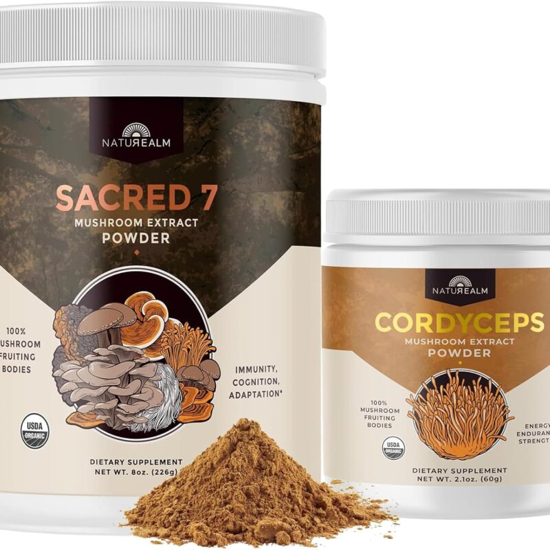 Naturealm Immune & Energy Support Bundle – Sacred 7 Mushroom Coffee Booster 226 Serving Cordyceps Powder 60 Serving | Organic Adaptogen & Nootropic | 100% Fruiting Bodies | Focus, Energy, & Immunity