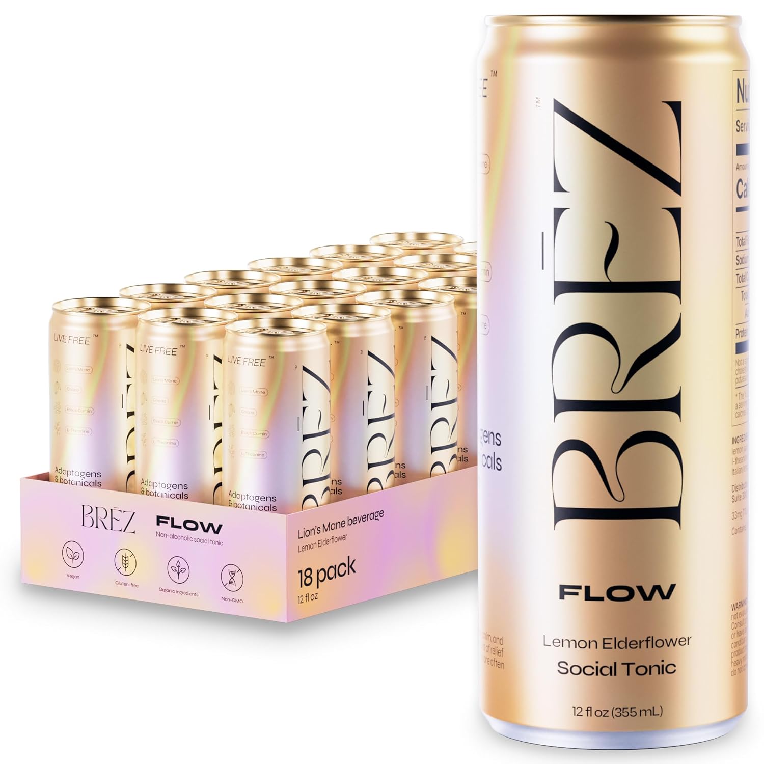 71lnLkeM-DL._SL1500_.jpg BREZ FLOW Lion’s Mane Mushroom Drink, 18-Pack, Non-Infused, Adaptogens, Relieving, Uplifting, and Social, Sparkling Lemon Elderflower Tonic 12 Fl oz