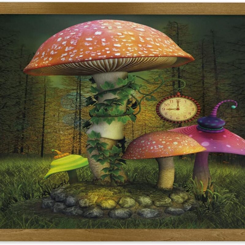 Ambesonne Fantasy Framed Wall Art, Fiction Forest Giant Mushrooms and Elves Enchanted Image, Fabric Poster with Walnut Tone Wood Frame Home Dorm Decor, 35" x 23", Green Coral
