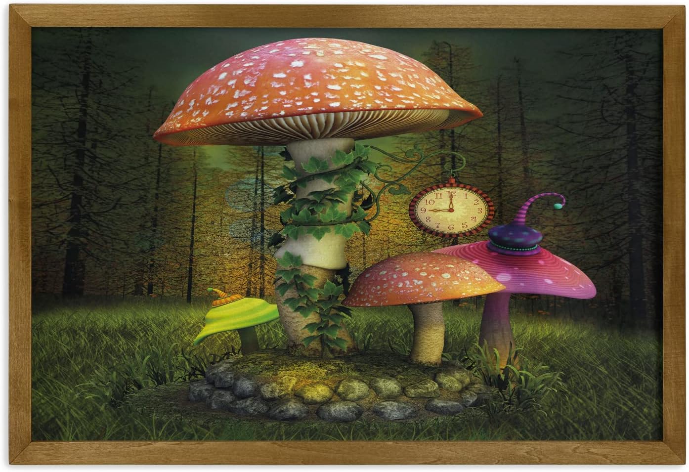 71lqjHekJML._AC_SL1500_.jpg Ambesonne Fantasy Framed Wall Art, Fiction Forest Giant Mushrooms and Elves Enchanted Image, Fabric Poster with Walnut Tone Wood Frame Home Dorm Decor, 35" x 23", Green Coral