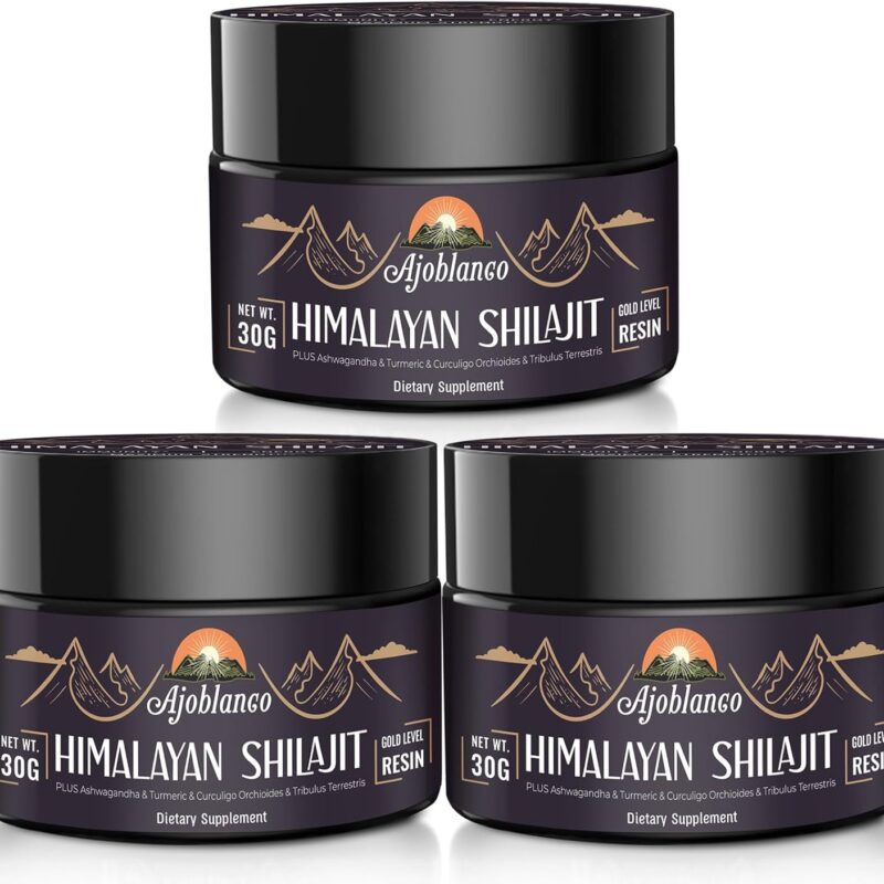 Ajoblanco 600mg Shilajit Pure Himalayan Organic Shilajit Resin - Himalayan Shilajit Resin with Organic Ayurvedic Blend in High Potency for Energy, Strength & Immunity, Pack of 3