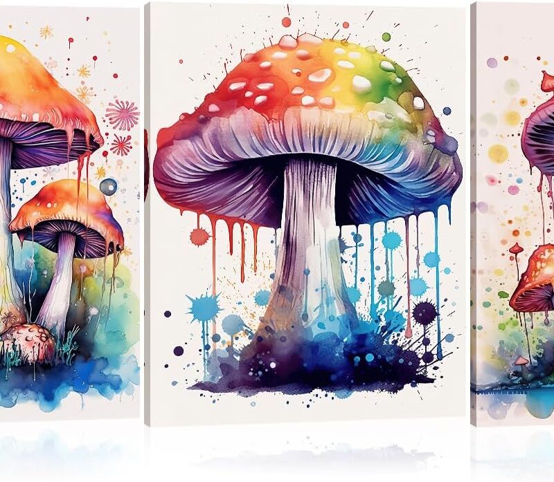 MOSTUNNA Mushrooms Canvas Wall Art 3 Pieces Psychedelic Watercolour Mushrooms Picture Prints Magic Plant Painting Graffiti Artwork for Home Office Decor Gallery Wrapped (Flowers-4, 20.00" x 28.00"x3)