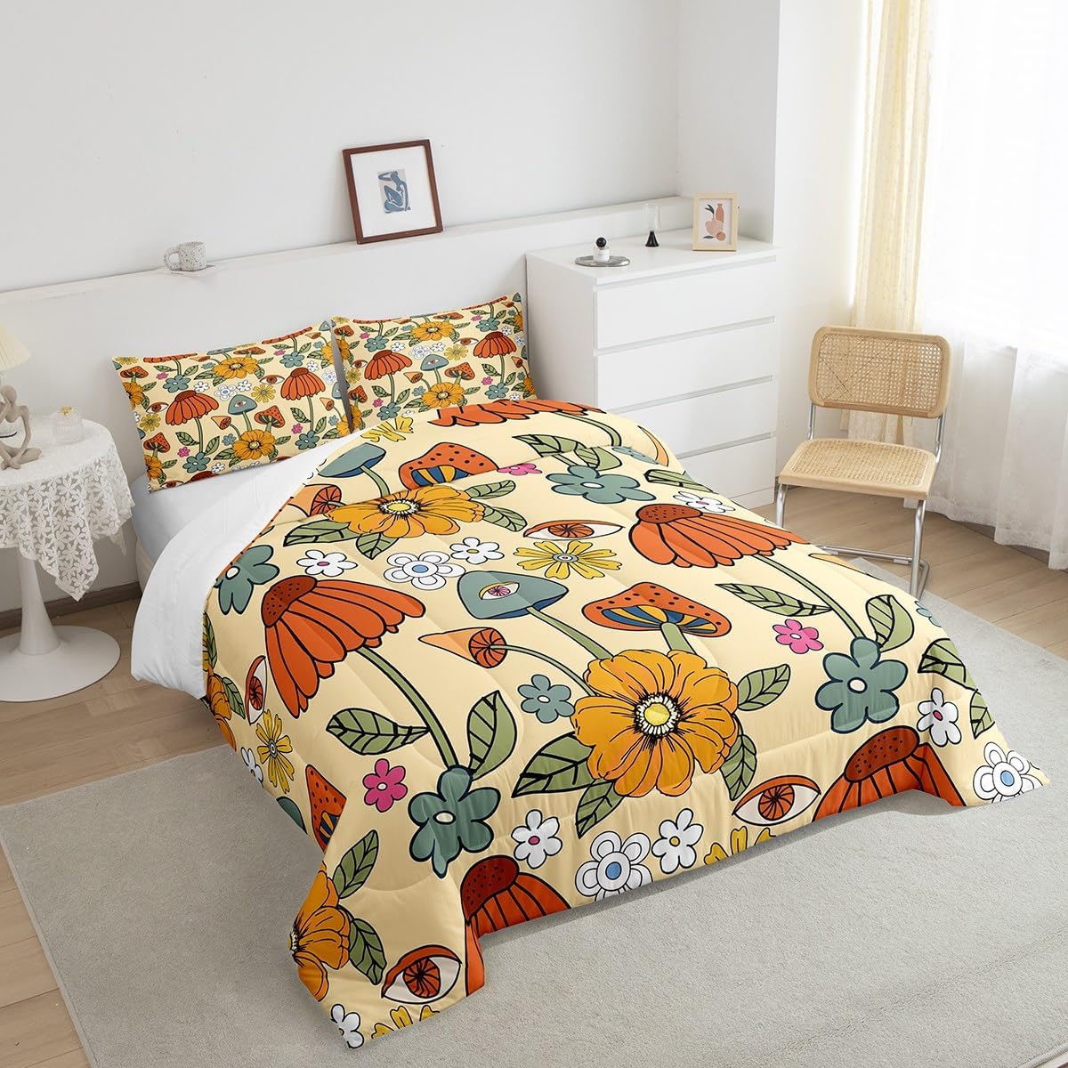 71mhqiBbmaL._AC_SL1200_.jpg Castle Fairy Retro Flowers Bedding Comforters Queen Size,70s Floral Mushroom Comforter Set with 2 Pillowcases,Art Hippie Plant Eye Print 3pcs Children Adult Duvet Set,Soft - Image 3