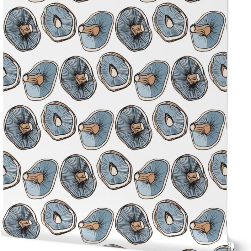 Commercial Grade Wallpaper 27ft x 2ft - Mushroom Caps Blues Beige Kitchen Food Drawing Science Mushrooms Traditional Wallpaper by Spoonflower