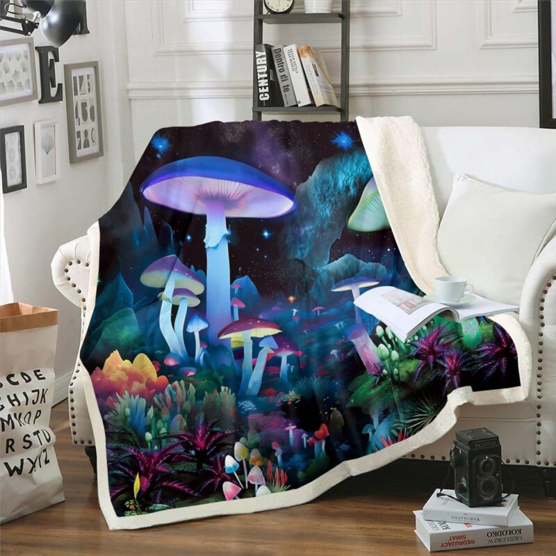 Mushroom Sherpa Blanket Magical Botanical Plush Blanket Throw Kawaii Umbrella Mushroom Fleece Bed Blanket For Kids Boys Girls Psychedelic Mushroom Farmhosue Fuzzy Blanket Sofa Decor Queen 90"x90"