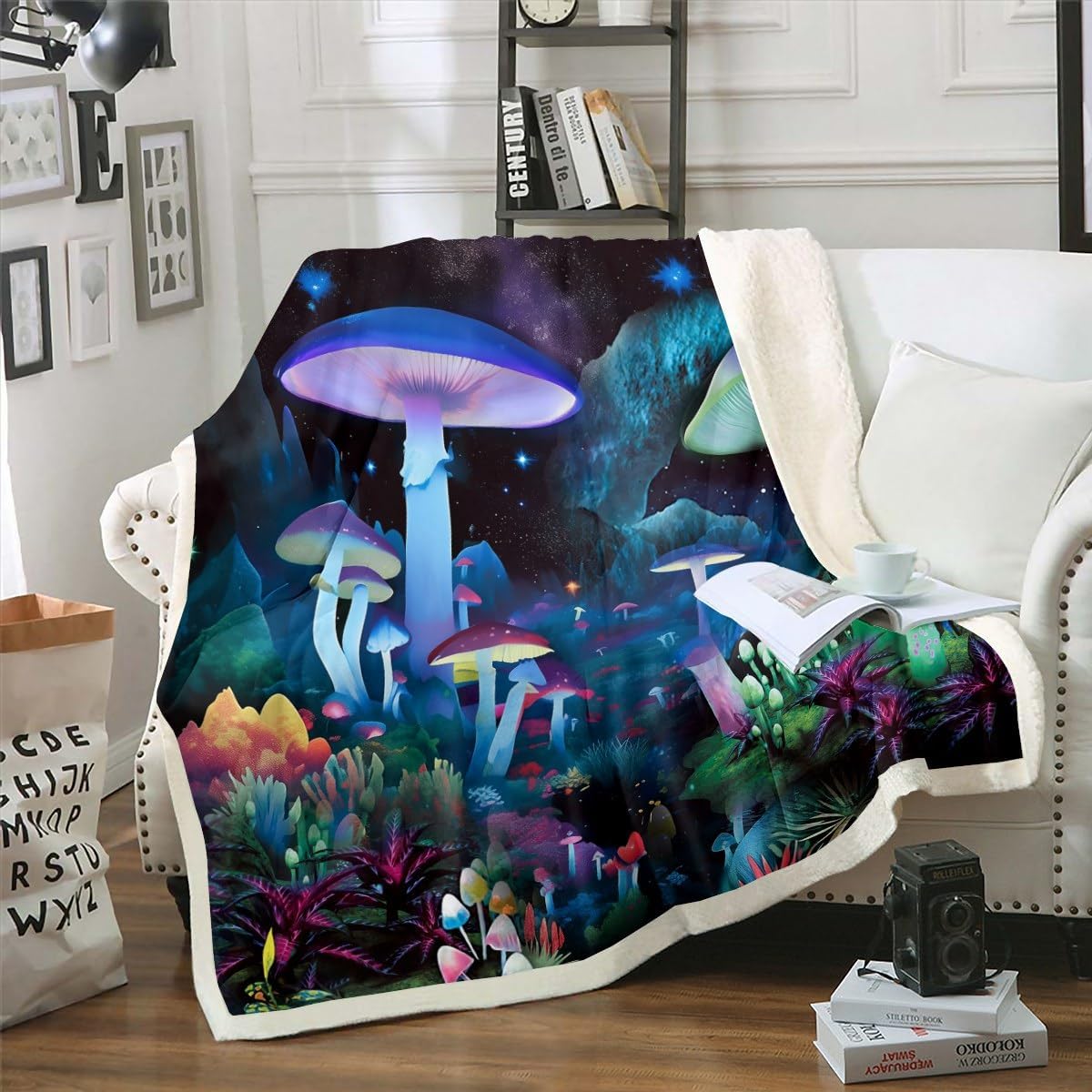 71n42jqVdEL._AC_SL1200_.jpg Mushroom Sherpa Blanket Magical Botanical Plush Blanket Throw Kawaii Umbrella Mushroom Fleece Bed Blanket For Kids Boys Girls Psychedelic Mushroom Farmhosue Fuzzy Blanket Sofa Decor Queen 90"x90"