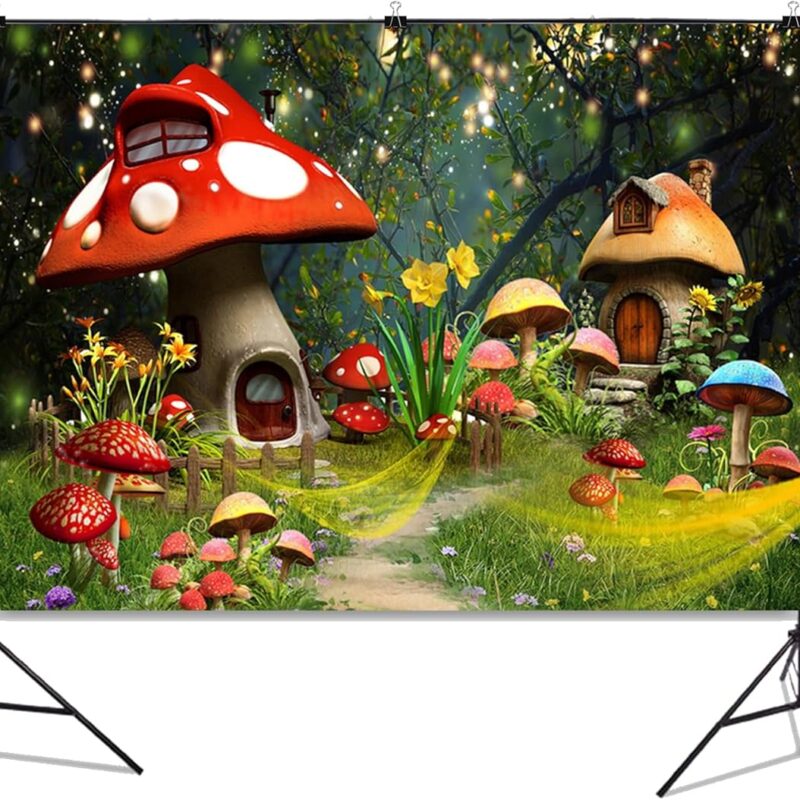 Red Mushroom House Enchanted Forest Backdrop Polyester Fabric Green Fores Photo Backdrop Spring Flowers Fancy Background for Baby Shower Happy Birthday Backdrop 179" L X 118" W