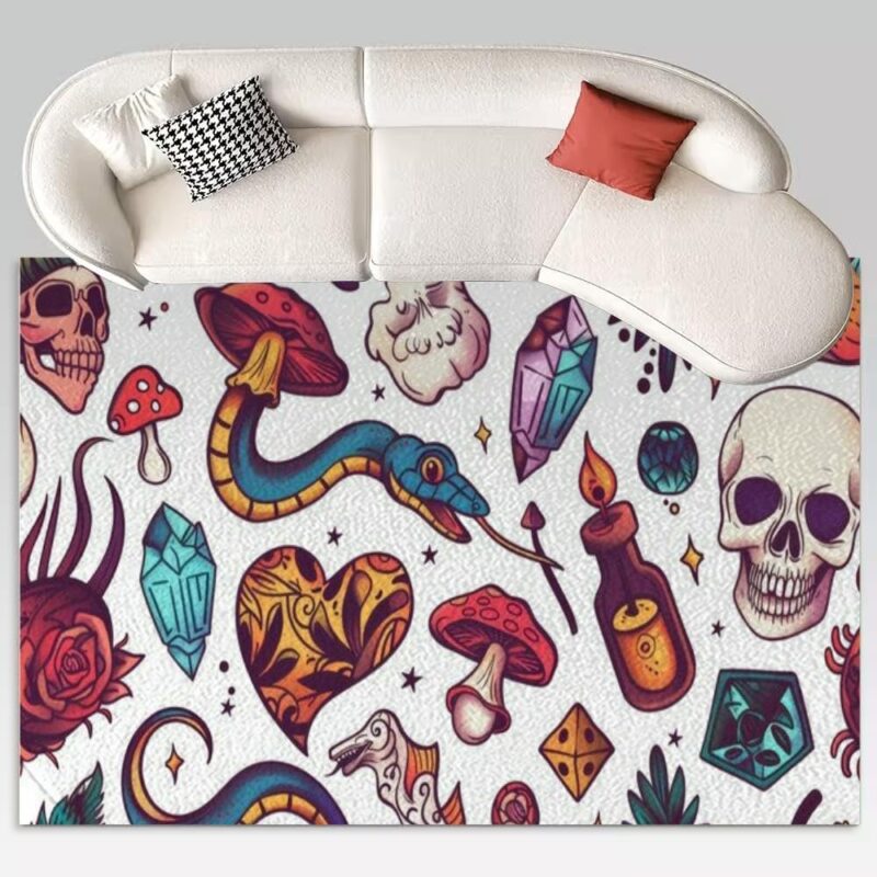 Cartoon Hippy Tattoos from The 70s Retro Snake Heart Skull Eye Rug 5x7 Rug Area Rugs for Living Room Bedroom Aesthetic Dining Room Machine Washable Throw Rugs Carpet Indoor Non-Slip Floor Mat
