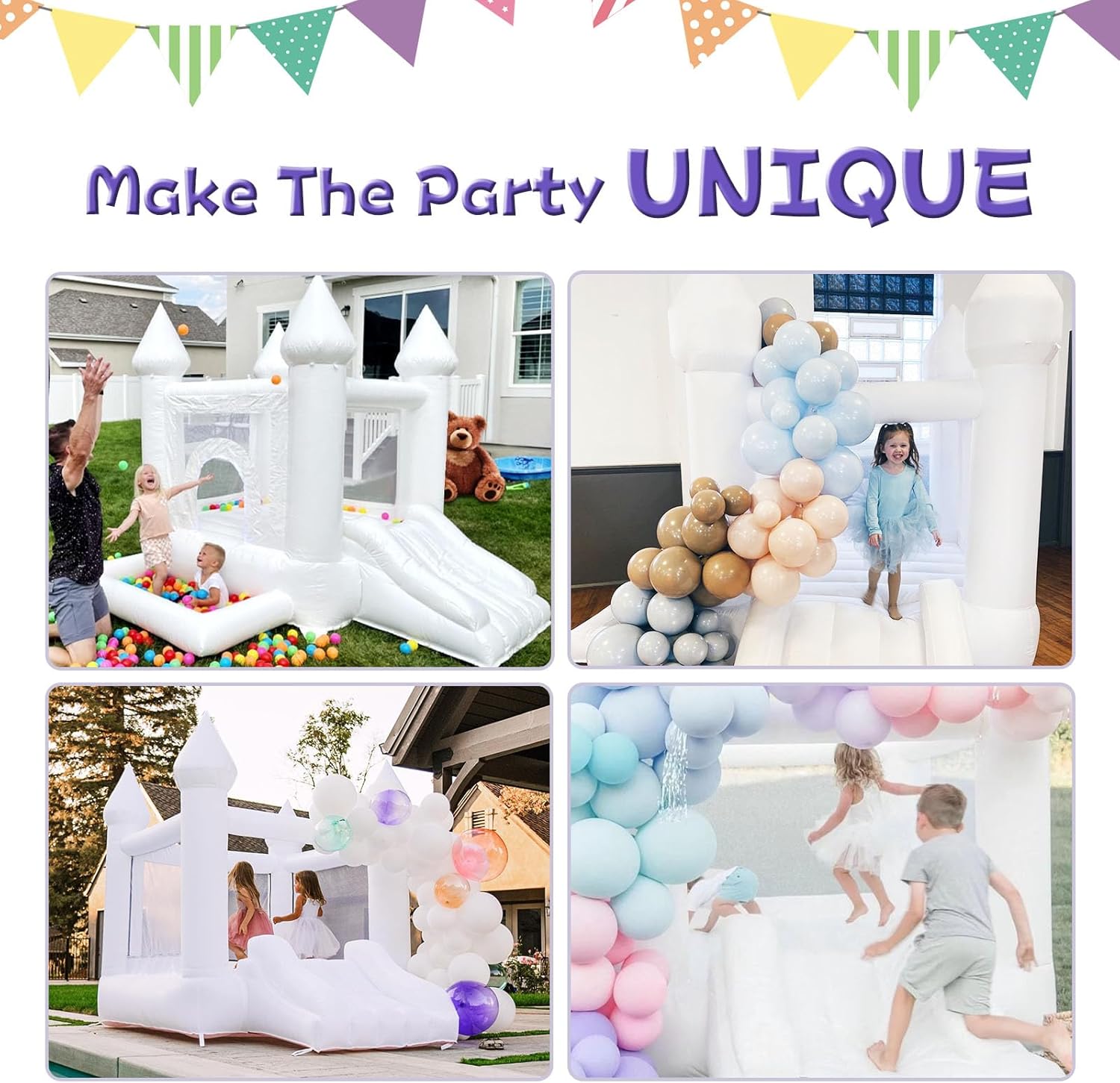 71oWWFGoVCL._AC_SL1500_.jpg White Bounce House Indoor Outdoor Bouncy Castle for Kids 2-8 Oxford Toddler Bounce House with Slide Balloon & Blower,103 x 71 x 90 inch,Children's Birthday Party Easter Party Gifts - Image 4