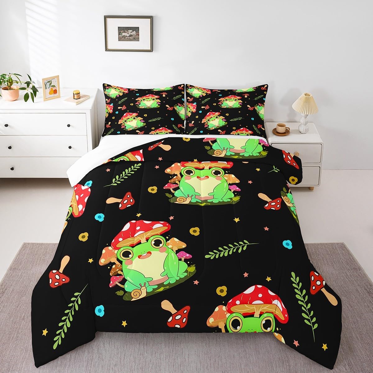 71orwalrheL._AC_SL1200_.jpg Feelyou Cartoon Mushroom Frog Bedding Set Cute Mushroom Decor Comforter Kawaii Fungus Frog Comforter Set Frog Duvet Set Full Size Quilt - Image 6