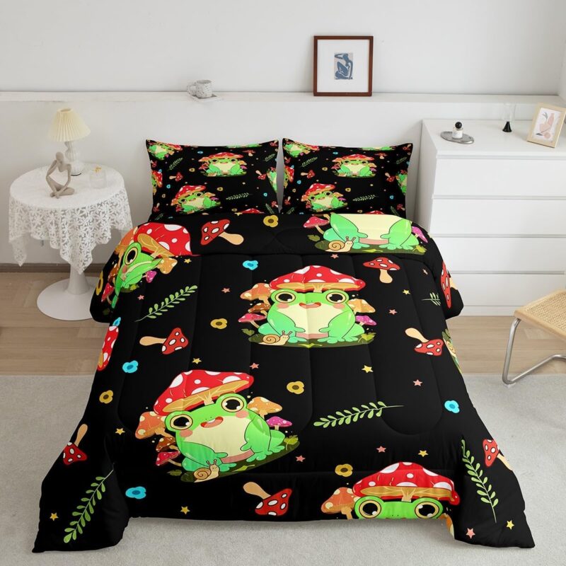 Feelyou Cartoon Mushroom Frog Bedding Set Cute Mushroom Decor Comforter Kawaii Fungus Frog Comforter Set Frog Duvet Set Full Size Quilt