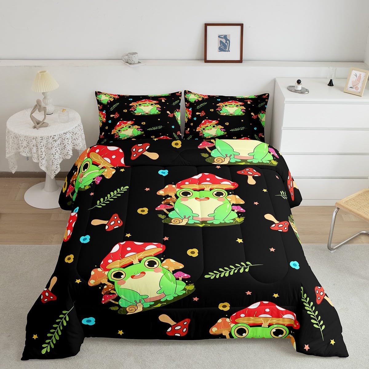 71poc1La6BL._AC_SL1200_.jpg Feelyou Cartoon Mushroom Frog Bedding Set Cute Mushroom Decor Comforter Kawaii Fungus Frog Comforter Set Frog Duvet Set Full Size Quilt