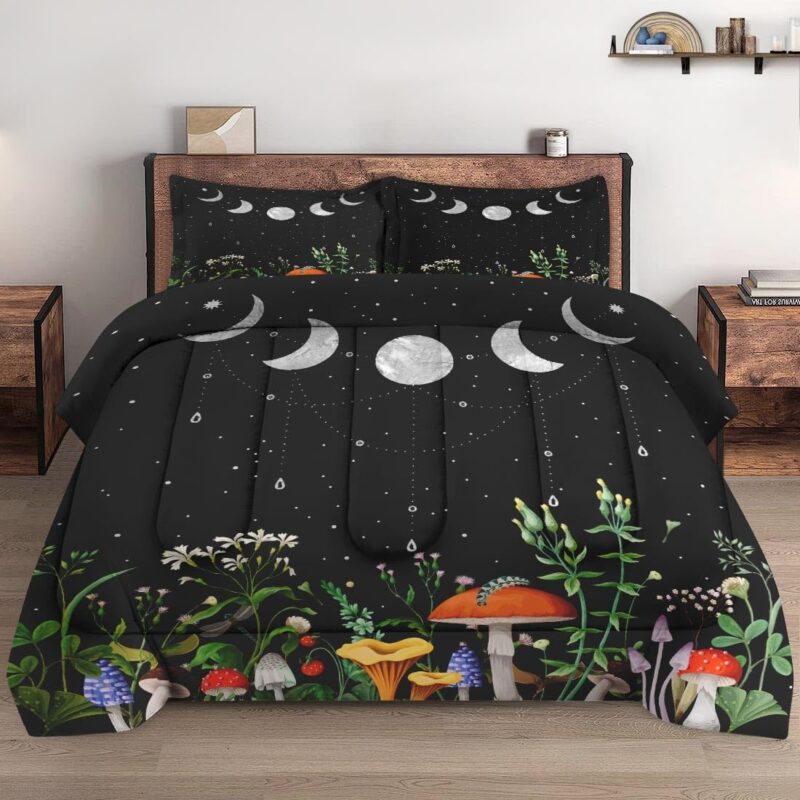 King Size Comforter Set with 2 Pillowcases, Mushroom Plant Floral 3 Pcs Bedding for Kids and Adults, Flower Summer Moon Night Soft Comforter Set for Bedroom Bed Decor