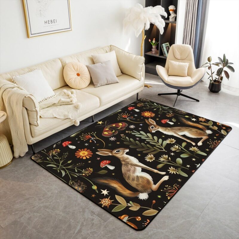Bohemian Botanical Area Rug 3'x5',Mushroom Flower Non Slip Carpet for Kids Girls Adults,Squirrel Owl Rabbit Moth Decor Rug for Living Room Bedroom Playroom Backyard