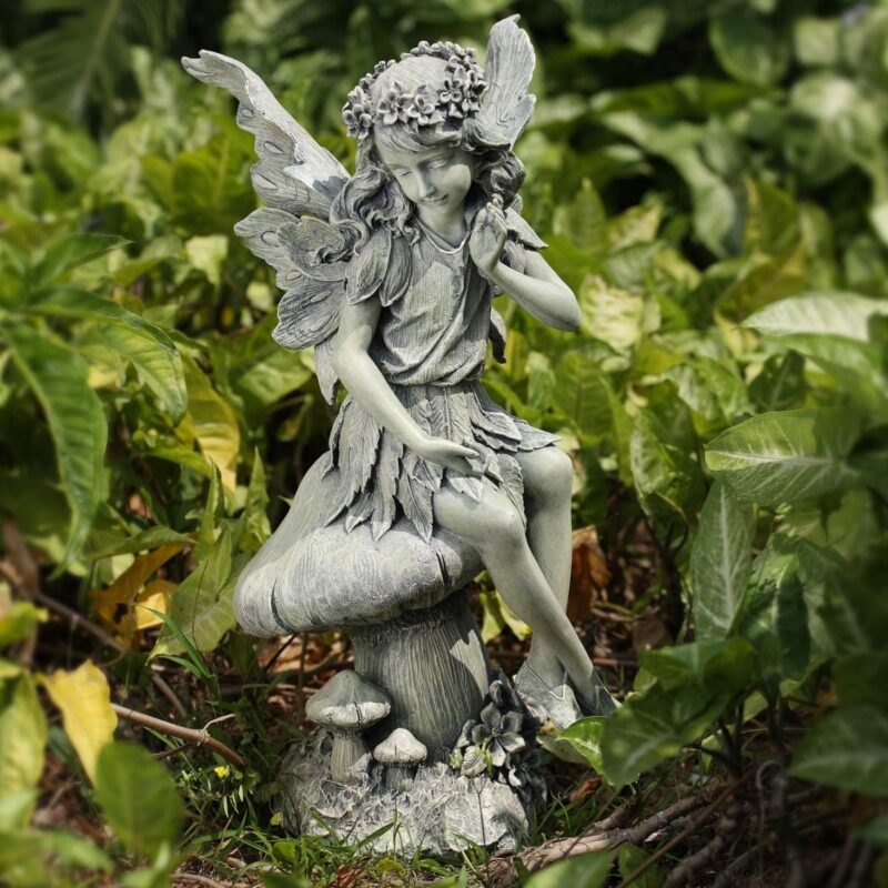 Seated Angel on Mushroom Garden Statue, 16-1/2-Inch Tall by 8-1/2-Inch Diameter