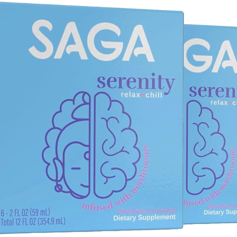 SAGA Organic Relaxation Shots | Contains Adaptogens & Mushrooms - Lion's Mane & Kava | High Bioavailability & Fast Onset | Elevate Mood & Reduce Fatigue | Strawberry Cucumber 2oz Shots (18-Pack)
