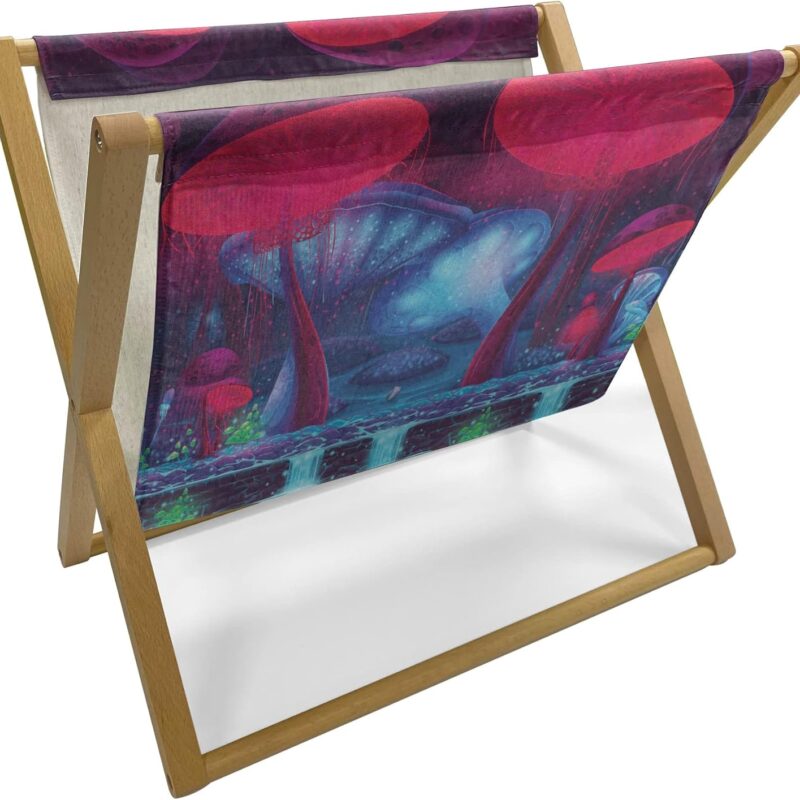 Ambesonne Mushroom Magazine and Book Holder, Magic Mushrooms with Vibrant Neon Design Graphic Image Enchanted Forest Theme Print, Floor Rack Accent Living Room Office and School, 22" x 19", Blue Red