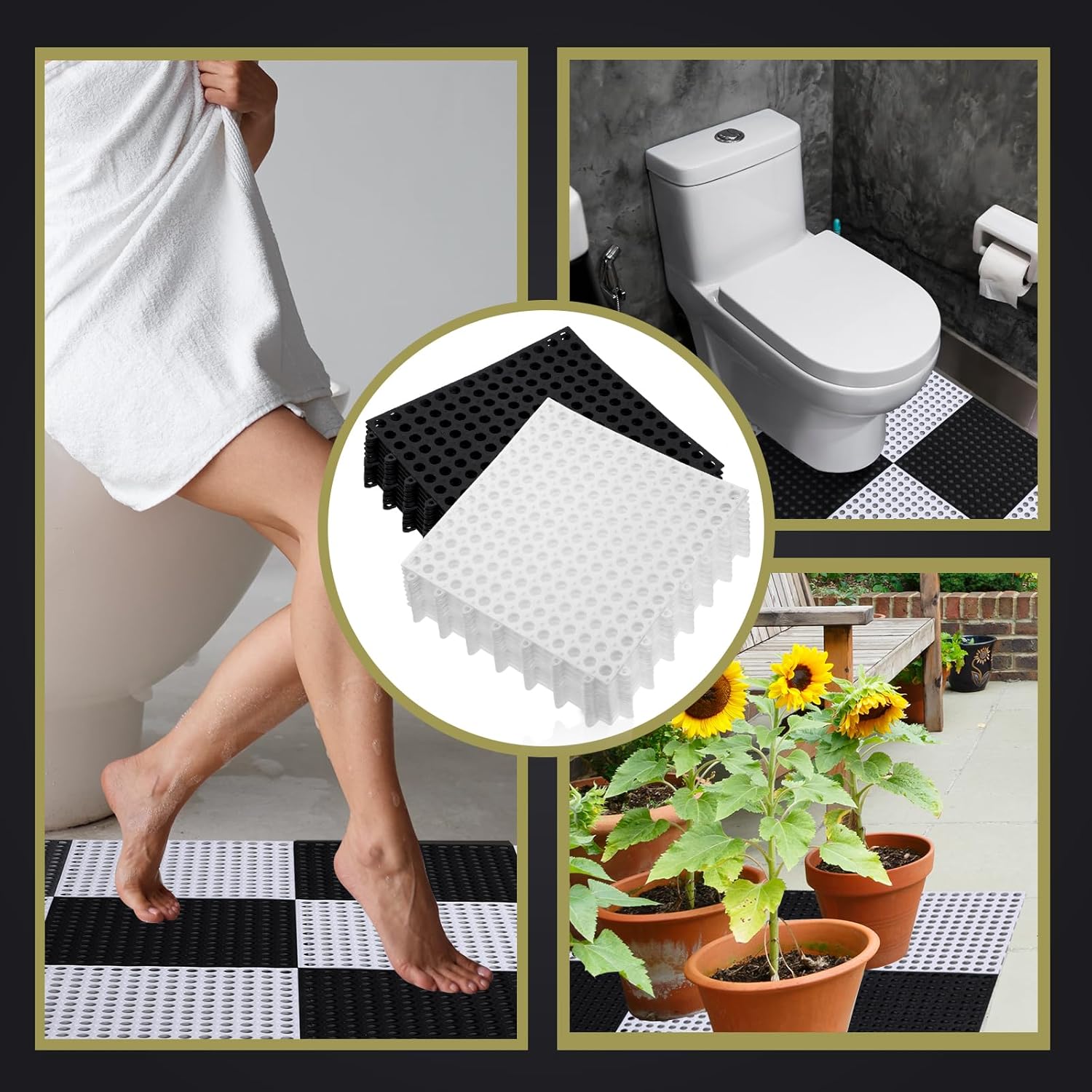 71r0rMvlK5L._AC_SL1500_.jpg 50 Pcs Drainage Interlocking Floor Tiles, 12'' x 12'' Soft TPE Non Slip Shower Floor Tiles for Pool Bathroom Shower Balcony Patio Locker Room Basement Stairs(Black and White) - Image 7