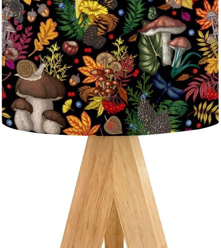 Cute Kids Bedside Desk Table Lamp Seamless pattern mushrooms plants insects berries chanterelles white Children Nightstand Lamp, Tripod Small Night Lights Linen for Nursery Room Bedroom Dorm Decor