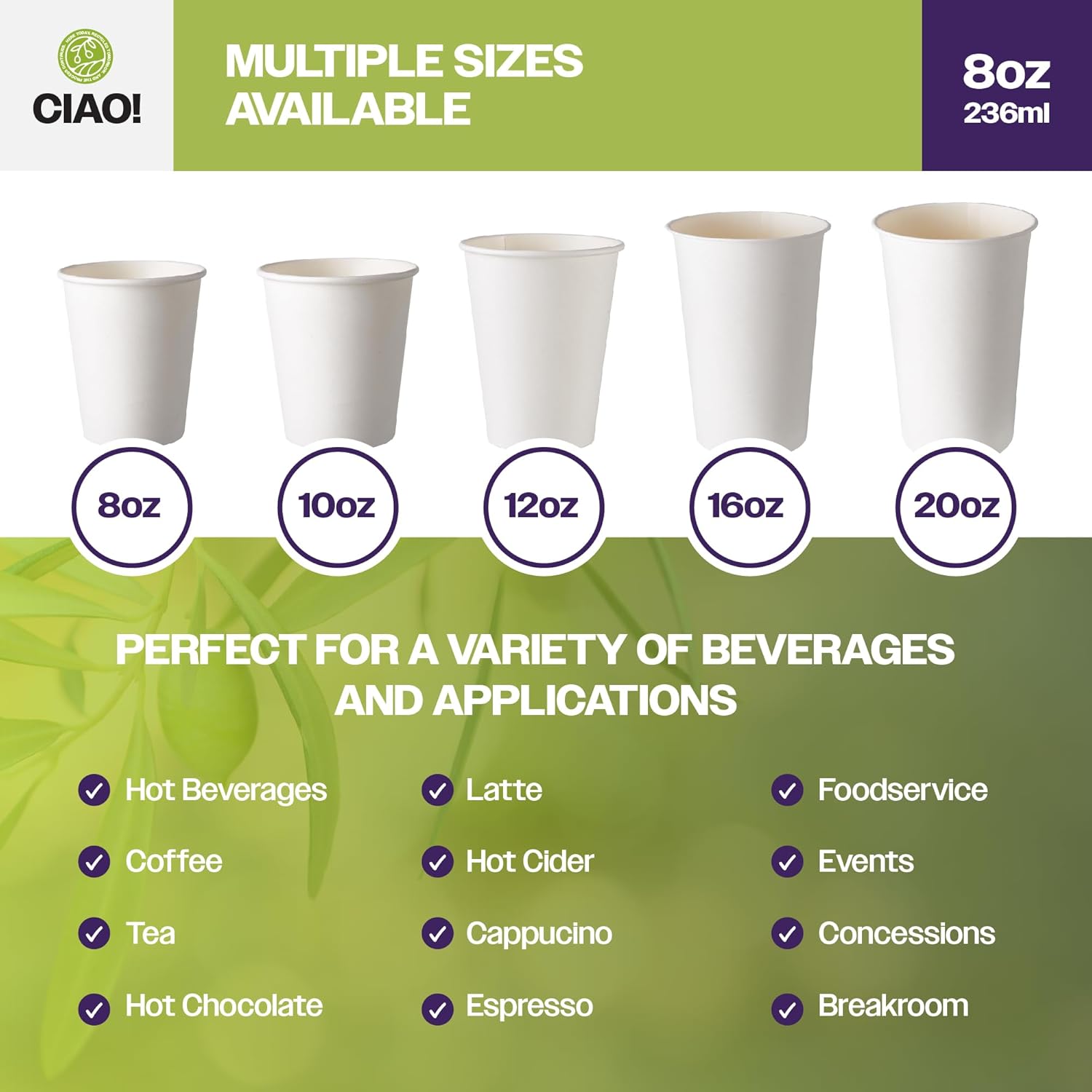 71rLylz6ZoL._AC_SL1500_.jpg CIAO! 8oz White Paper Hot Cup, Disposable, 80mm Diameter 1,000 Count - Image 5