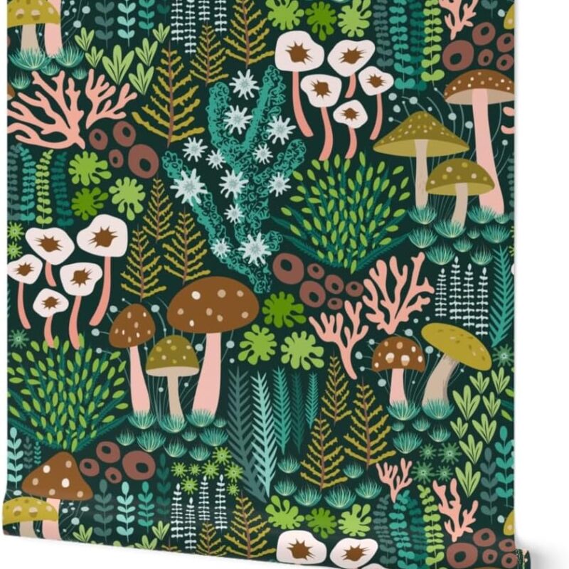 Peel & Stick Wallpaper 9ft x 2ft - Green Mossy Mushrooms Woodland Fungi Botanical Lichen Nature Whimsical Teal Custom Removable Wallpaper by Spoonflower