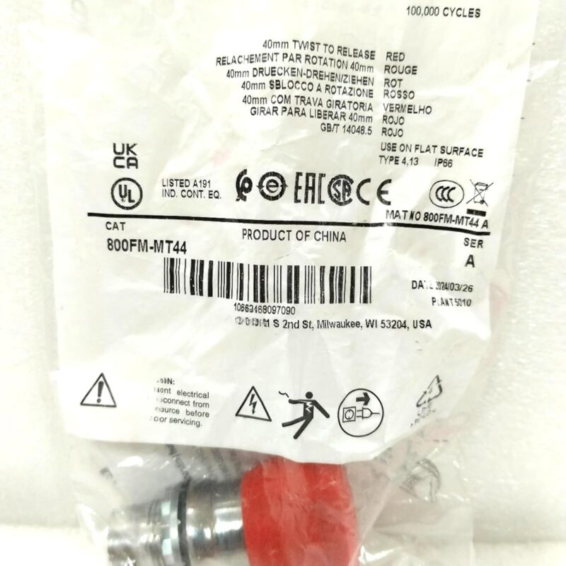 800FM-MT44,Twist to Release E-Stop Button Head,Non-Illuminated Mushroom Operators,40mm,Round Metal (Type 4/13,IP66),Red,Installation Diameter:22.5mm,excluding Base and Contact,in Stock,Ship Now.